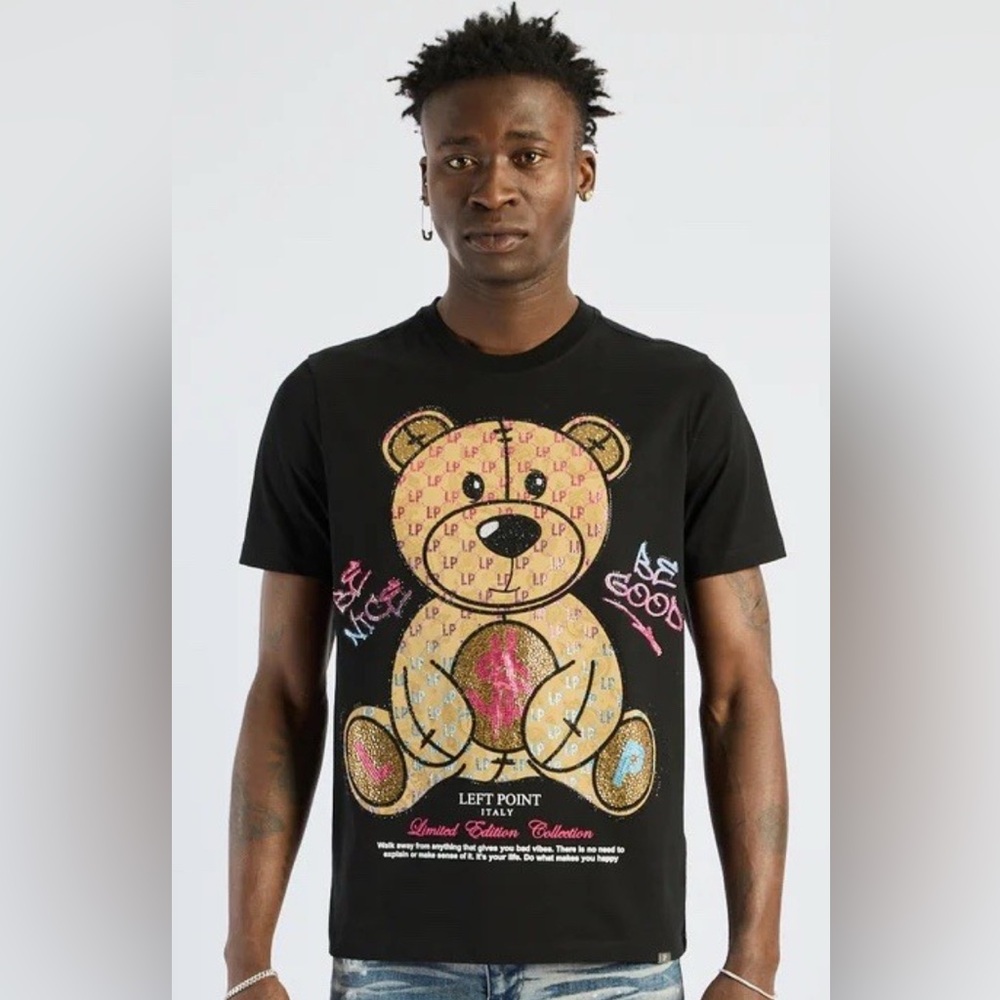 NWT [Left Point] Teddy Bear w Money Rhinestone Positive Affirmation Shirt Mens S - Picture 2 of 16